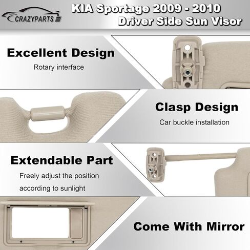 سائق ومسافر جانب Sun Sun Visor بديل متوافق مع Kia Sportage 2005-2010 Sun Shade بدون استبدال الضوء 85202-1F090LX 85201-1F090LX اللون الرمادي in Saudi Arabia
