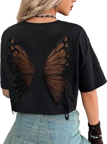 Verdusa Women's Butterfly Mesh Fairy T Shirts Drop Shoulder Goth Crop Tops in Saudi Arabia