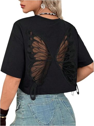 Verdusa Women's Butterfly Mesh Fairy T Shirts Drop Shoulder Goth Crop Tops in Saudi Arabia