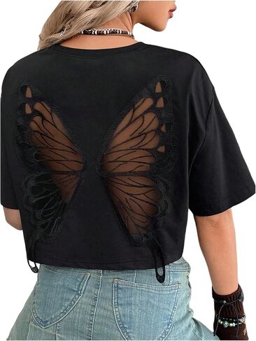 Verdusa Women's Butterfly Mesh Fairy T Shirts Drop Shoulder Goth Crop Tops in Saudi Arabia