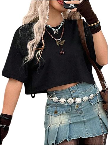 Verdusa Women's Butterfly Mesh Fairy T Shirts Drop Shoulder Goth Crop Tops in Saudi Arabia