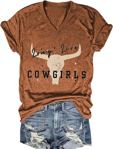 Western Country Shirt for Women Cowgirl Cartoon Boots V Neck Short Sleeve Tops Vintage Cowboy Graphic Tees in Saudi Arabia