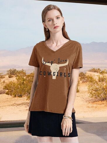 Western Country Shirt for Women Cowgirl Cartoon Boots V Neck Short Sleeve Tops Vintage Cowboy Graphic Tees in Saudi Arabia