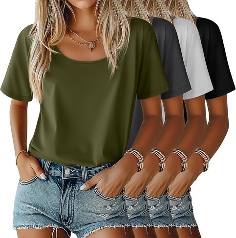 Ficerd 4 Pack Women's Scoop Neck Fit Terts Tirts Basic Nasure Short Sleeve Tops Tops Soft Layer Summer Tees in Saudi Arabia