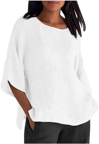 UOFOCO Cotton Lien Shirts for Women Squaer Neck 3/4 Sleeve Solid Color Tops 2025 Summer Casual Loose Beach Vacation Tees in Saudi Arabia