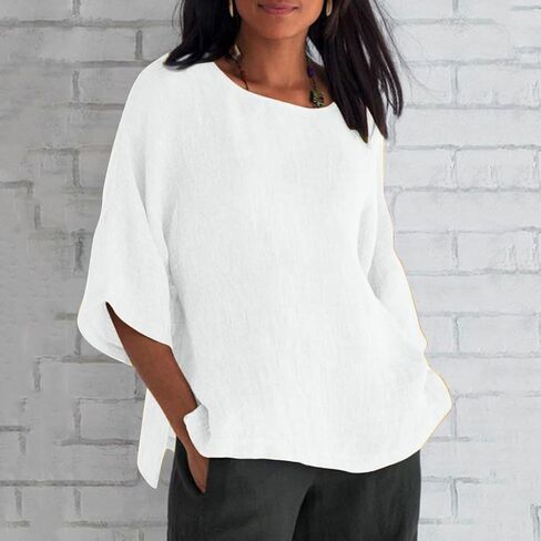 UOFOCO Cotton Lien Shirts for Women Squaer Neck 3/4 Sleeve Solid Color Tops 2025 Summer Casual Loose Beach Vacation Tees in Saudi Arabia