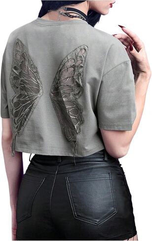 Verdusa Women's Butterfly Mesh Fairy T chirts تسقط قمم محصول القوطي الكتف in Kuwait