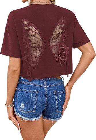 Verdusa Women's Butterfly Mesh Fairy T chirts تسقط قمم محصول القوطي الكتف in Kuwait