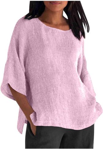 UOFOCO Cotton Lien Shirts for Women Squaer Neck 3/4 Sleeve Solid Color Tops 2025 Summer Casual Loose Beach Vacation Tees in Saudi Arabia