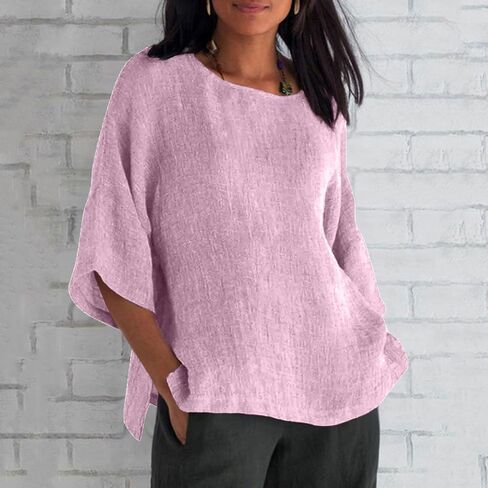 UOFOCO Cotton Lien Shirts for Women Squaer Neck 3/4 Sleeve Solid Color Tops 2025 Summer Casual Loose Beach Vacation Tees in Saudi Arabia