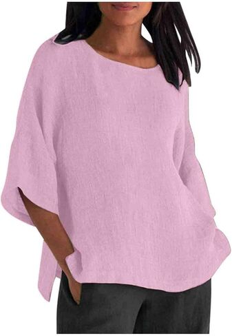 UOFOCO Cotton Lien Shirts for Women Squaer Neck 3/4 Sleeve Solid Color Tops 2025 Summer Casual Loose Beach Vacation Tees in Saudi Arabia