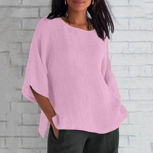 UOFOCO Cotton Lien Shirts for Women Squaer Neck 3/4 Sleeve Solid Color Tops 2025 Summer Casual Loose Beach Vacation Tees in Saudi Arabia