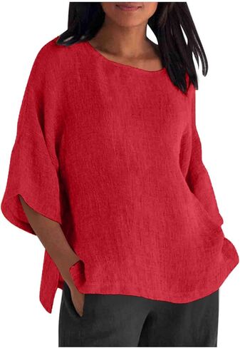UOFOCO Cotton Lien Shirts for Women Squaer Neck 3/4 Sleeve Solid Color Tops 2025 Summer Casual Loose Beach Vacation Tees in Saudi Arabia