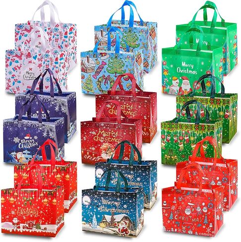 9Pcs Christmas Gift Bags, Christmas Tote Bags with Handles, Reusable Non-Woven Shopping Bags for Xmas Gifts Wrapping Holiday Party Supplies, 12.8"×9.8"×6.7" in Kuwait