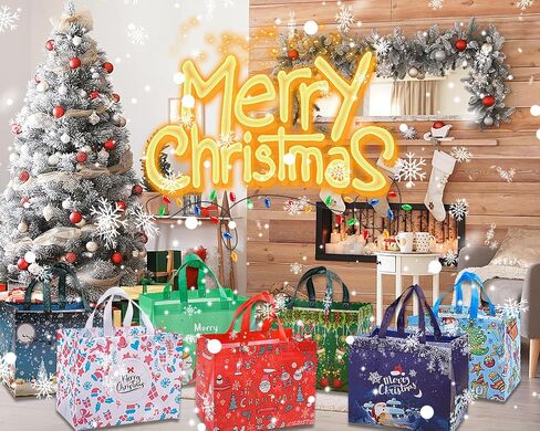 9Pcs Christmas Gift Bags, Christmas Tote Bags with Handles, Reusable Non-Woven Shopping Bags for Xmas Gifts Wrapping Holiday Party Supplies, 12.8"×9.8"×6.7" in Kuwait