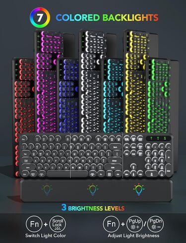 Wireless Keyboard and Mouse Backlit - Typewriter Keyboard with Magnetic Wrist Rest, Retro Round Keys, Light Up Letters, 2.4GHz Cordless Combo for Mac, Windows, PC, Laptop, Trueque CK23Pro [Upgraded] | Retro Round Keys, Light Up Letters, 2.4GHz Cordless Co in Kuwait
