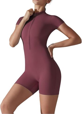 Women's solid color zipper short-sleeved slim yoga jumpsuit indoor dance fitness outdoor sports set in Saudi Arabia