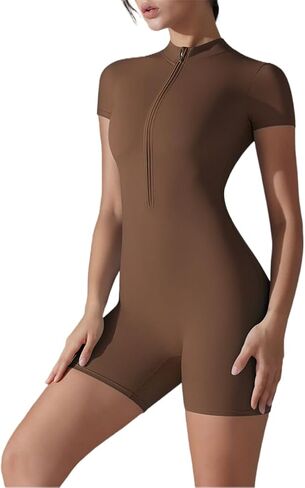 Women's solid color zipper short-sleeved slim yoga jumpsuit indoor dance fitness outdoor sports set in Saudi Arabia