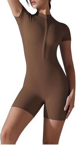 Women's solid color zipper short-sleeved slim yoga jumpsuit indoor dance fitness outdoor sports set in Saudi Arabia