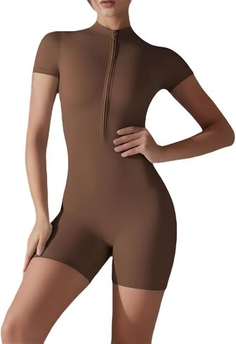 Women's solid color zipper short-sleeved slim yoga jumpsuit indoor dance fitness outdoor sports set in Saudi Arabia