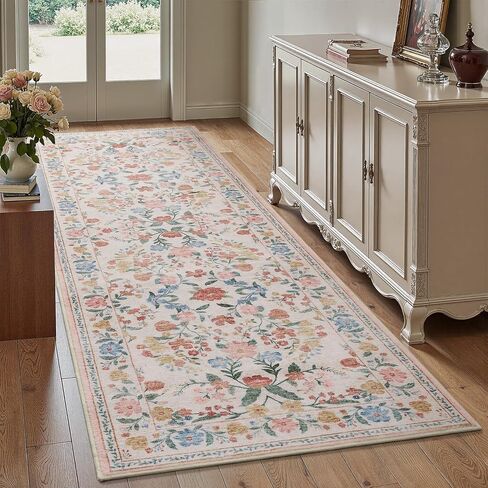 AMOAMI Vintage Floral Runners for Hallways Indoor, 2x6 Kitchen Runner Rug Non Slip Machine Washable Entryway Rug Runner Ultra Soft Boho Carpet Runner for Hallway Kitchen Bedside Entryway, Beige in Kuwait