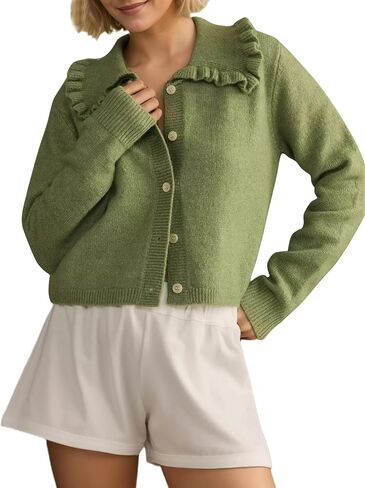 Womens Ruchle Cardigan سترة سترة زر مفتوحة فتحة سقوط سقوط سقوط لطيف الزر الطويل الأكمام لأسفل كارديجان in Kuwait
