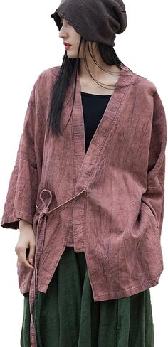 LUZU JUNU Women Open Front Kimono Jacket Cotton Linen Vintage Tie Dye Hanfu Lace-Up Cardigan in Kuwait