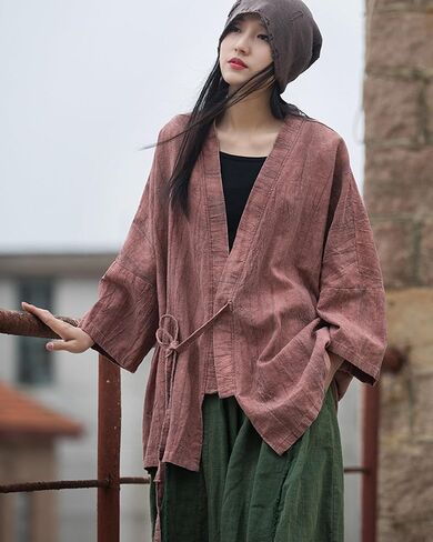 LUZU JUNU Women Open Front Kimono Jacket Cotton Linen Vintage Tie Dye Hanfu Lace-Up Cardigan in Kuwait