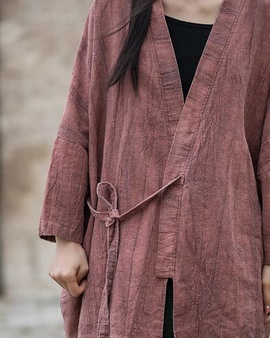 LUZU JUNU Women Open Front Kimono Jacket Cotton Linen Vintage Tie Dye Hanfu Lace-Up Cardigan in Kuwait