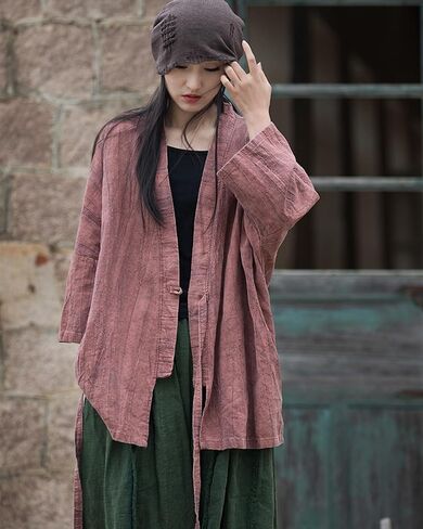 LUZU JUNU Women Open Front Kimono Jacket Cotton Linen Vintage Tie Dye Hanfu Lace-Up Cardigan in Kuwait