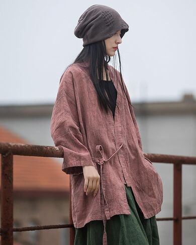 LUZU JUNU Women Open Front Kimono Jacket Cotton Linen Vintage Tie Dye Hanfu Lace-Up Cardigan in Kuwait