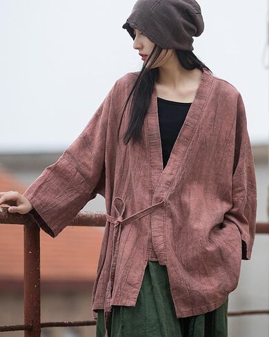 LUZU JUNU Women Open Front Kimono Jacket Cotton Linen Vintage Tie Dye Hanfu Lace-Up Cardigan in Kuwait