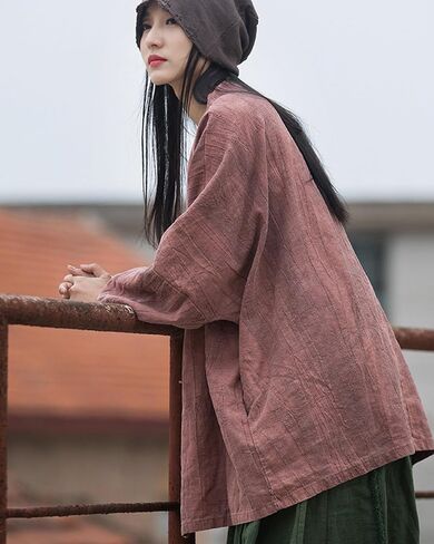 LUZU JUNU Women Open Front Kimono Jacket Cotton Linen Vintage Tie Dye Hanfu Lace-Up Cardigan in Kuwait