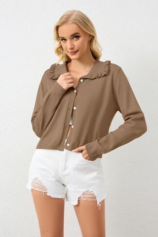 Womens Ruchle Cardigan سترة سترة زر مفتوحة فتحة سقوط سقوط سقوط لطيف الزر الطويل الأكمام لأسفل كارديجان in Kuwait