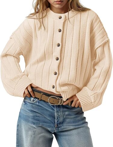 Saodimallsu Womens Open Front Cardigan Sweaters Button Down Knit Long Sleeve Crewneck Casual Loose Fall Outerwear in Saudi Arabia