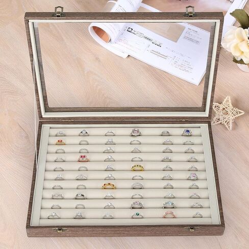 10 Slots Ring Organizer Box, Velvet Jewelry Rings Earrings Studs Holder Tray with Transparent Lid, Large Capacity Ring Storage Display Case for Women Girl (Black) in Saudi Arabia