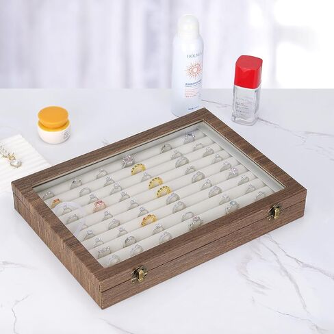 10 Slots Ring Organizer Box, Velvet Jewelry Rings Earrings Studs Holder Tray with Transparent Lid, Large Capacity Ring Storage Display Case for Women Girl (Black) in Saudi Arabia
