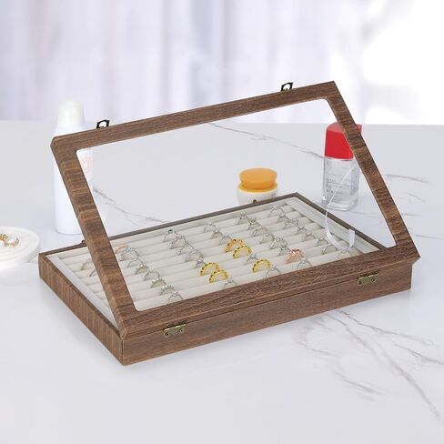10 Slots Ring Organizer Box, Velvet Jewelry Rings Earrings Studs Holder Tray with Transparent Lid, Large Capacity Ring Storage Display Case for Women Girl (Black) in Saudi Arabia