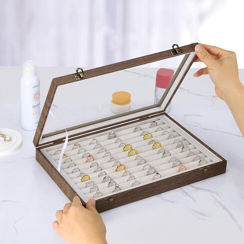 10 Slots Ring Organizer Box, Velvet Jewelry Rings Earrings Studs Holder Tray with Transparent Lid, Large Capacity Ring Storage Display Case for Women Girl (Black) in Saudi Arabia