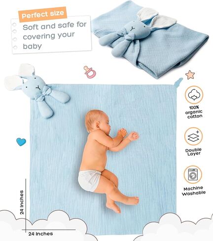 بطانية أمان الأطفال مع حيوان أرنب محشوة للبنين الفتيات الجديد - 24 × 24 بوصة - Loveys للرضيع ضروريات الأطفال (الأزرق الأرنب) in Kuwait