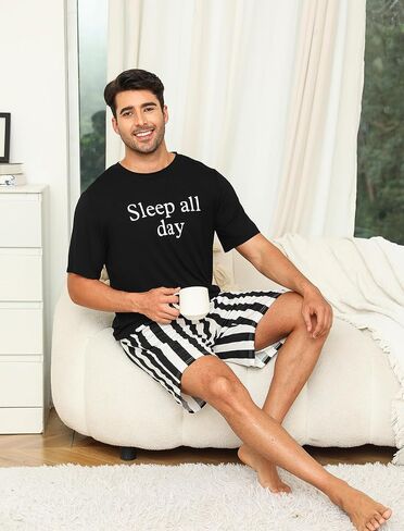 eishopeer mens pajamas pajamas مجموعة قصيرة الأكمام مطبوعة لينة 2 قطع صالة مجموعة s-xxl in Kuwait