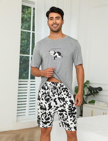 eishopeer mens pajamas pajamas مجموعة قصيرة الأكمام مطبوعة لينة 2 قطع صالة مجموعة s-xxl in Kuwait