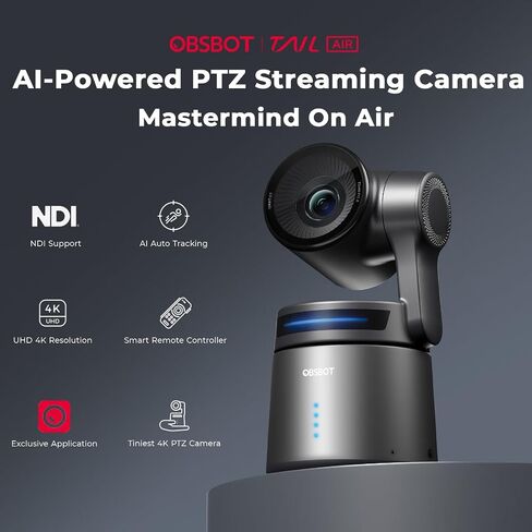 كاميرا OBSBOT Tail AIR NDI Streaming PTZ، وحدة تحكم ذكية RC، كاميرا ويب تعمل بالذكاء الاصطناعي بدقة 4K، CMOS مقاس 1.8 بوصة، فتحة f/1.8، مسار AI، الإيماءات والتحكم عن بعد، اتصال سلكي ولاسلكي، بث مباشر للكنيسة/الموسيقى الحية in Kuwait