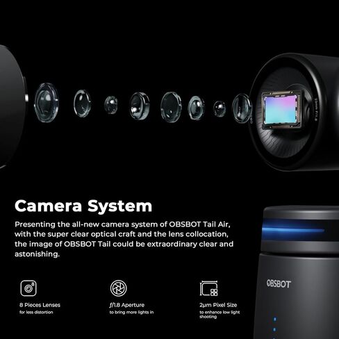 كاميرا OBSBOT Tail AIR NDI Streaming PTZ، وحدة تحكم ذكية RC، كاميرا ويب تعمل بالذكاء الاصطناعي بدقة 4K، CMOS مقاس 1.8 بوصة، فتحة f/1.8، مسار AI، الإيماءات والتحكم عن بعد، اتصال سلكي ولاسلكي، بث مباشر للكنيسة/الموسيقى الحية in Kuwait