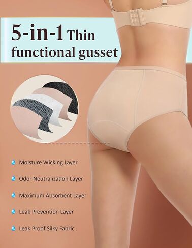 AIRCUTE Washable Women Urine Incontinence Underwear Leak Proof Panties for Postpartum Bladder Leak with 50 ml Absorbency 3 Pack (Beige, M) in Saudi Arabia