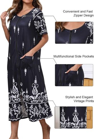 Women's Full Zipper Robe Short Sleeve Bathrobe Mumu Duster House Coat Soft Loungewear with 2 Pockets in Saudi Arabia