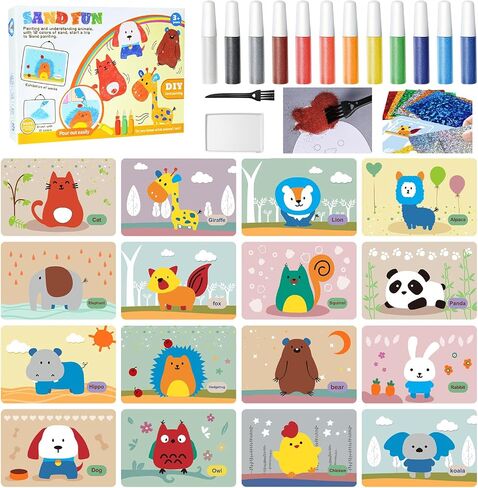Nilez Sand Art Kits for Kids Painting Bulk Party Toys for Age 4-13, 16 Vehicles Pictures with 12 Colorful Sands Drawing, Mini Brush Squeeze Bottles for Easy Conrtol Amount, Birthday Gift for Children in Saudi Arabia