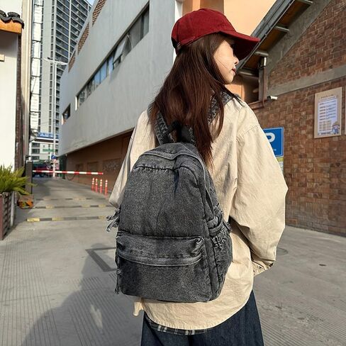 Vintage Denim Backpack Women Men - Cute Y2k Jeans Bookbag Preppy Fashion Travel Retro Rucksack Daypack Shoulder Bag (black) in Saudi Arabia