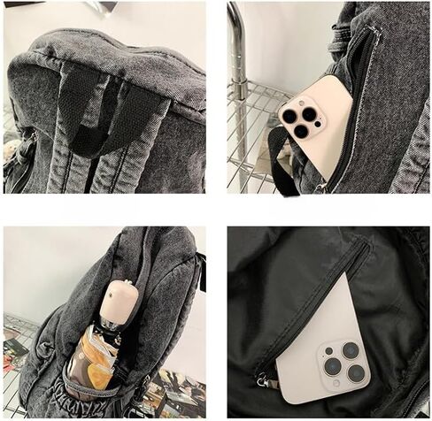 Vintage Denim Backpack Women Men - Cute Y2k Jeans Bookbag Preppy Fashion Travel Retro Rucksack Daypack Shoulder Bag (black) in Saudi Arabia