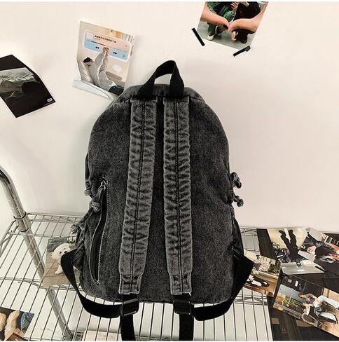 Vintage Denim Backpack Women Men - Cute Y2k Jeans Bookbag Preppy Fashion Travel Retro Rucksack Daypack Shoulder Bag (black) in Saudi Arabia